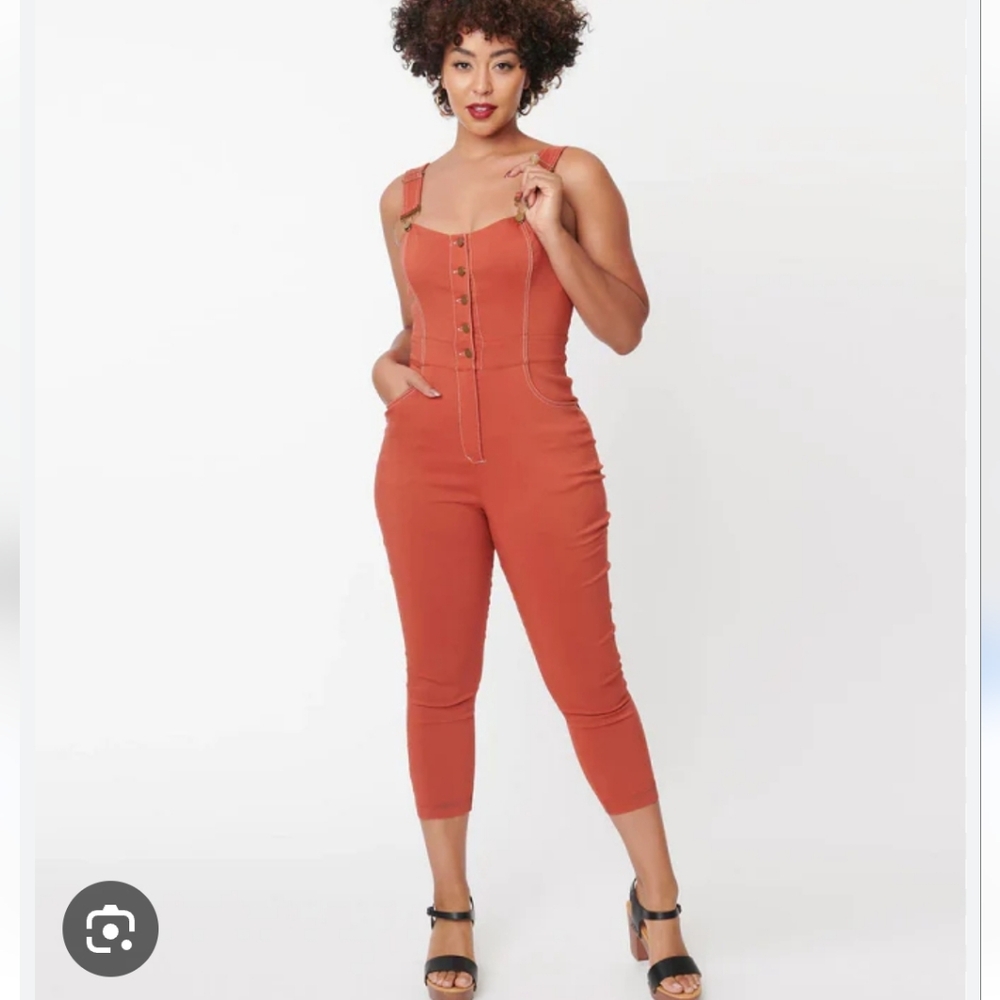 Unique Vintage Rust Orange Button-Up Overalls